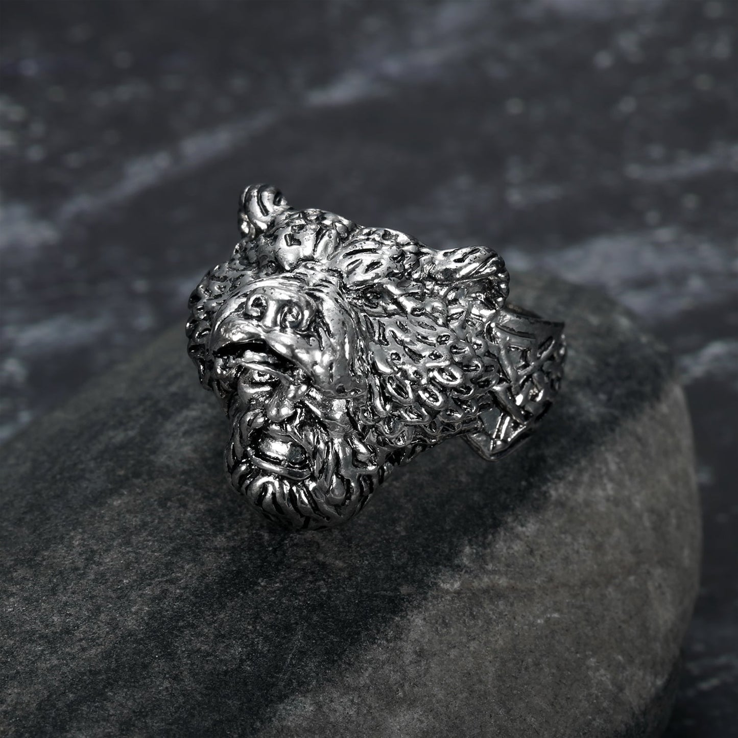 Nordic Pride Handcrafted Stainless Steel Odin and Grey Wolf Ring