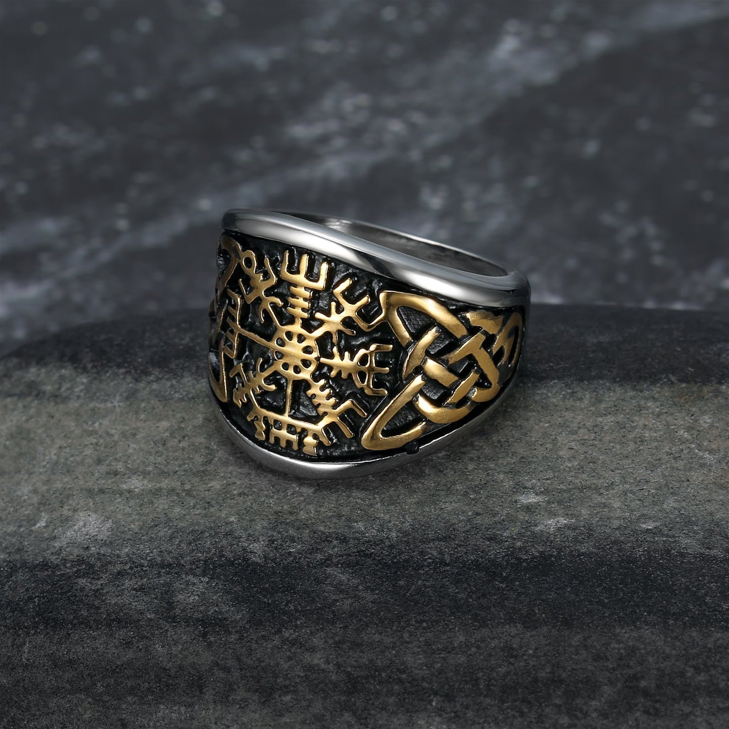 Nordic Pride Handcrafted Stainless Steel Icelandic Stave and Celtic Knot Ring