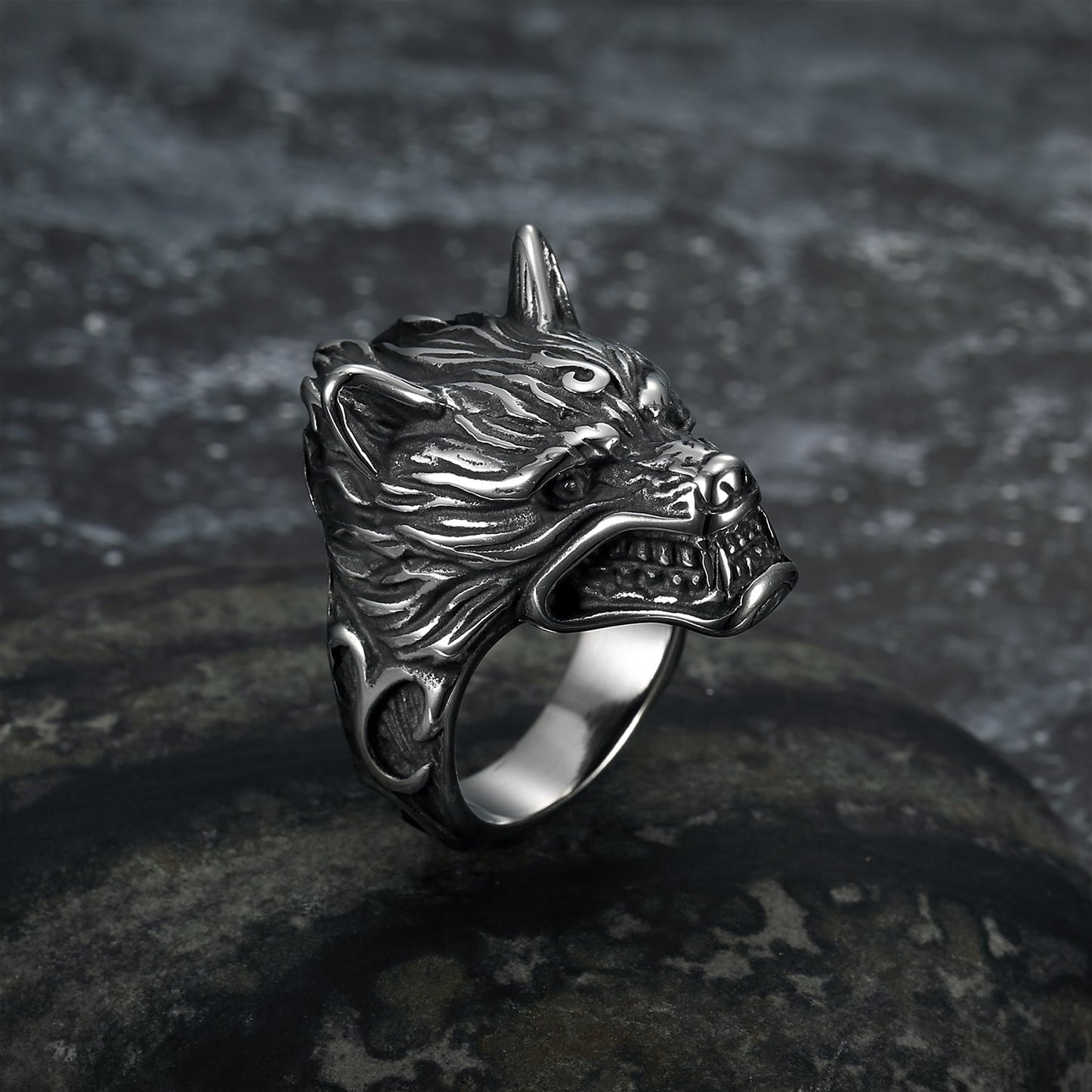 Nordic Pride Handcrafted Stainless Steel Grey Wolf Head Biker Ring
