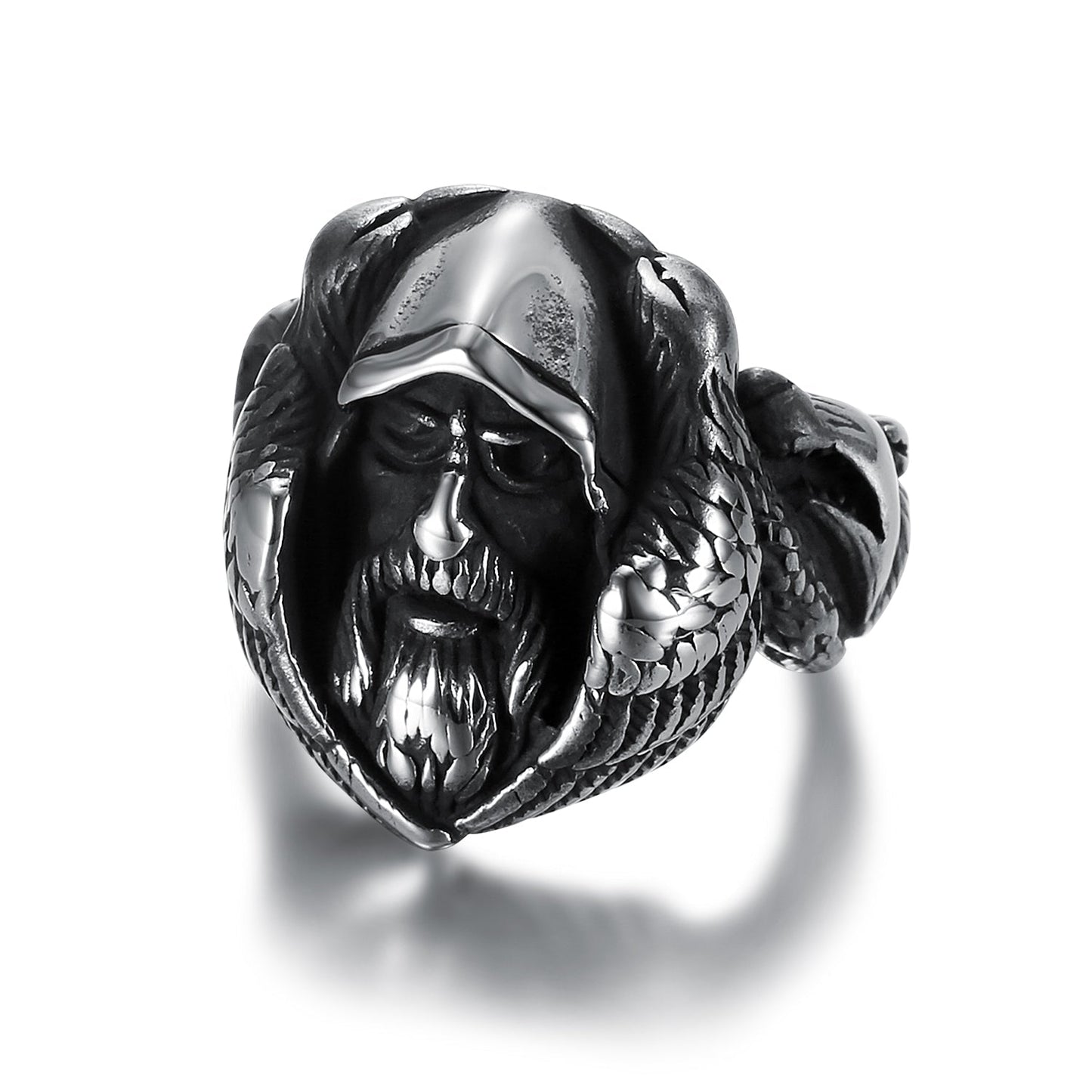 Nordic Pride Handcrafted Stainless Steel Nordic Odin Ring With Raven and Grey Wolf