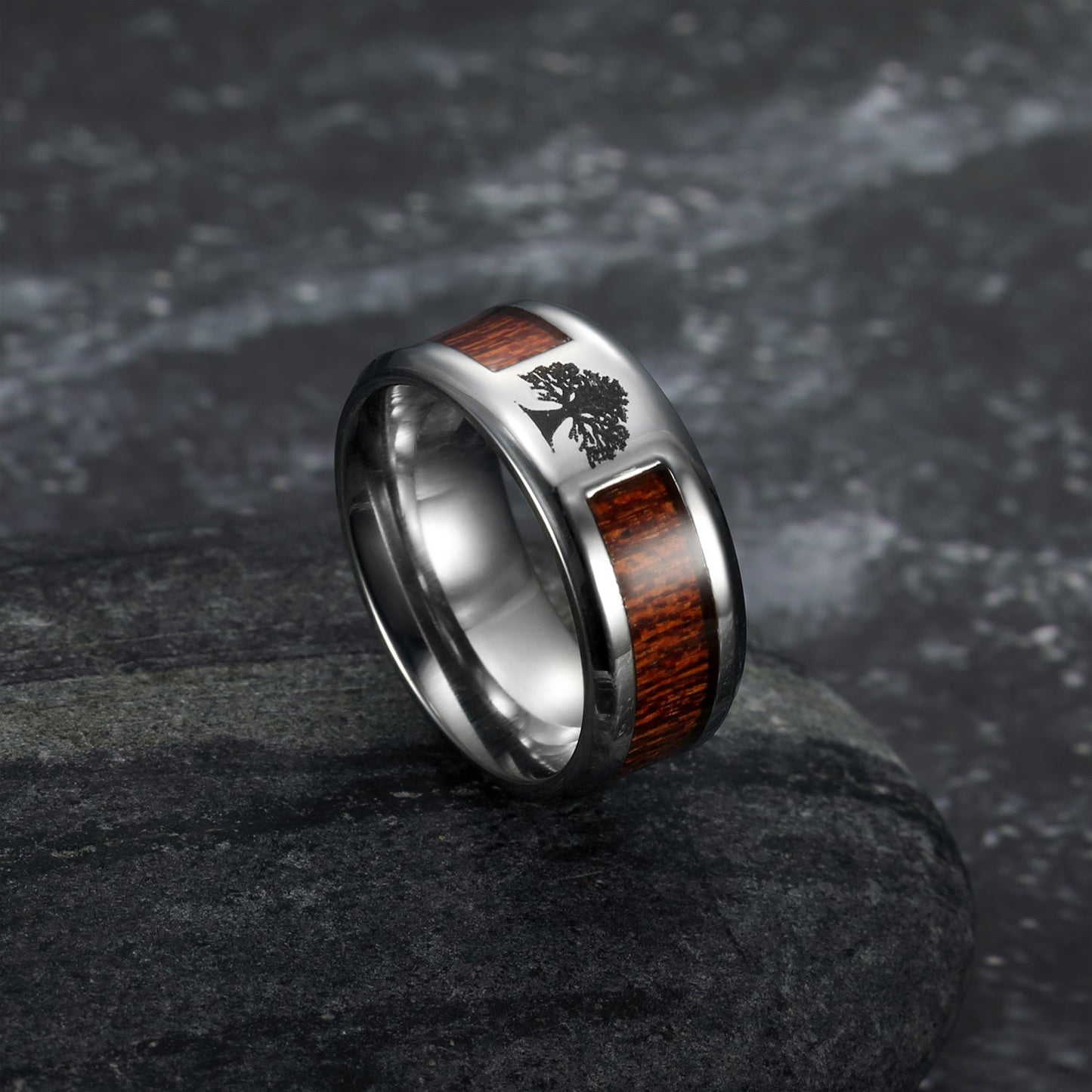 Nordic Pride Handcrafted Stainless Steel Celtic Tree of Life and Wood Inset Wedding Ring