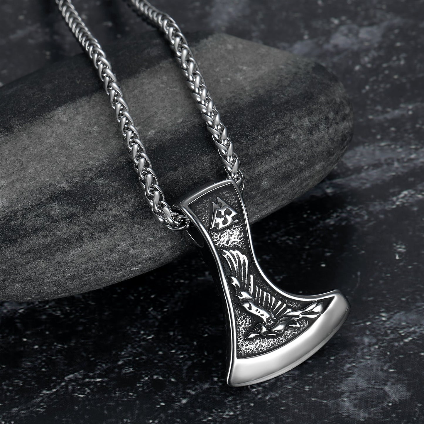 Nordic Pride Handcrafted Stainless Steel Valknut Symbol with Raven & Grey Wolf Pendant & Chain