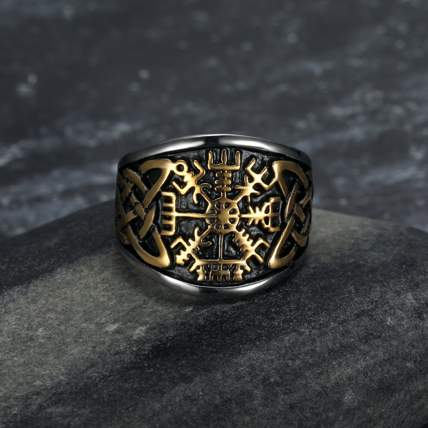 Nordic Pride Handcrafted Stainless Steel Icelandic Stave and Celtic Knot Ring
