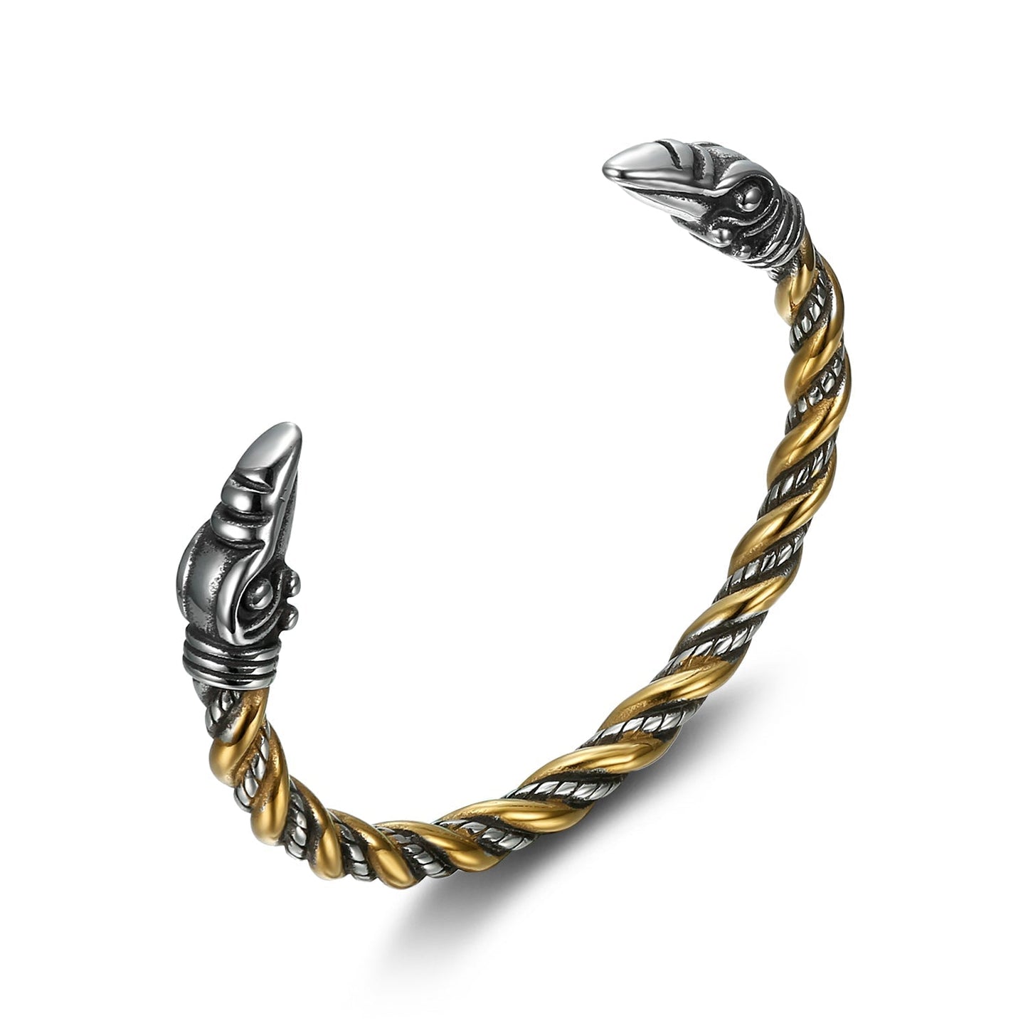 Nordic Pride Handcrafted Stainless Steel Beaded Spiral Raven Head Torc Bracelet