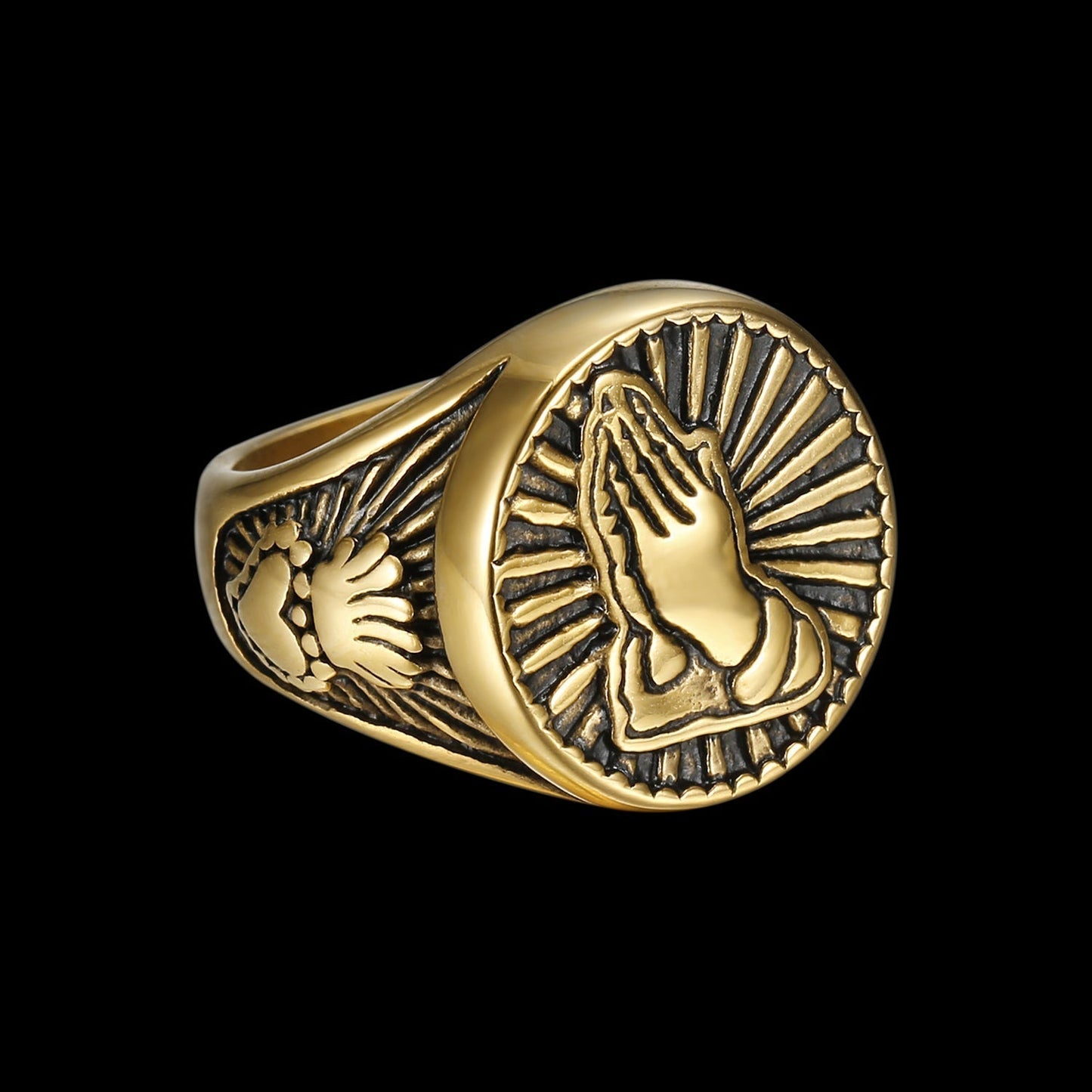 SACRED PRAYER HANDS GOLD RING