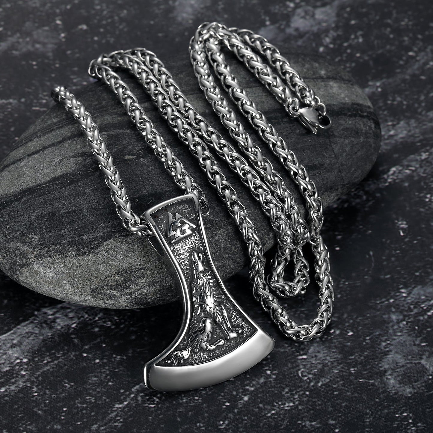Nordic Pride Handcrafted Stainless Steel Valknut Symbol with Raven & Grey Wolf Pendant & Chain