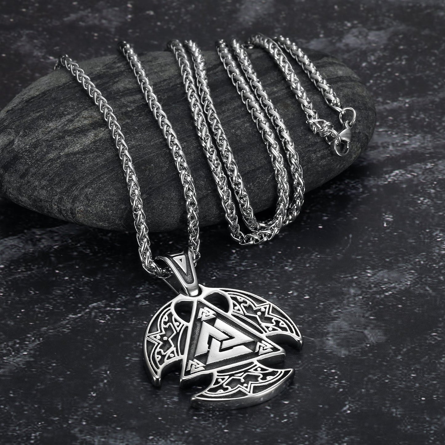 Nordic Pride Circular Handcrafted Stainless Steel Valknut Symbol Axe Head Pendant