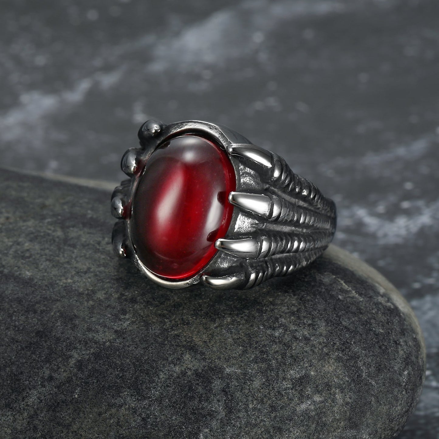 Nordic Pride Handcrafted Stainless Steel Basilisk Claw Biker Ring With Inset Stone