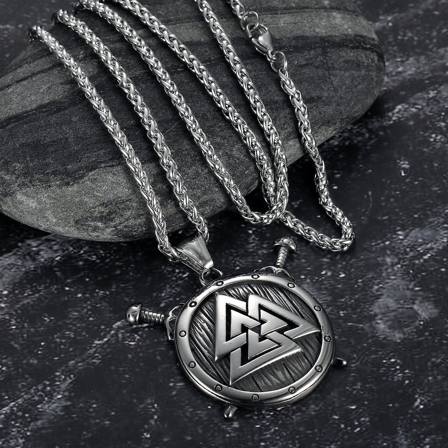 Nordic Pride Stainelss Steel Nordic Shield and Valknut Symbol Pendant & Chain