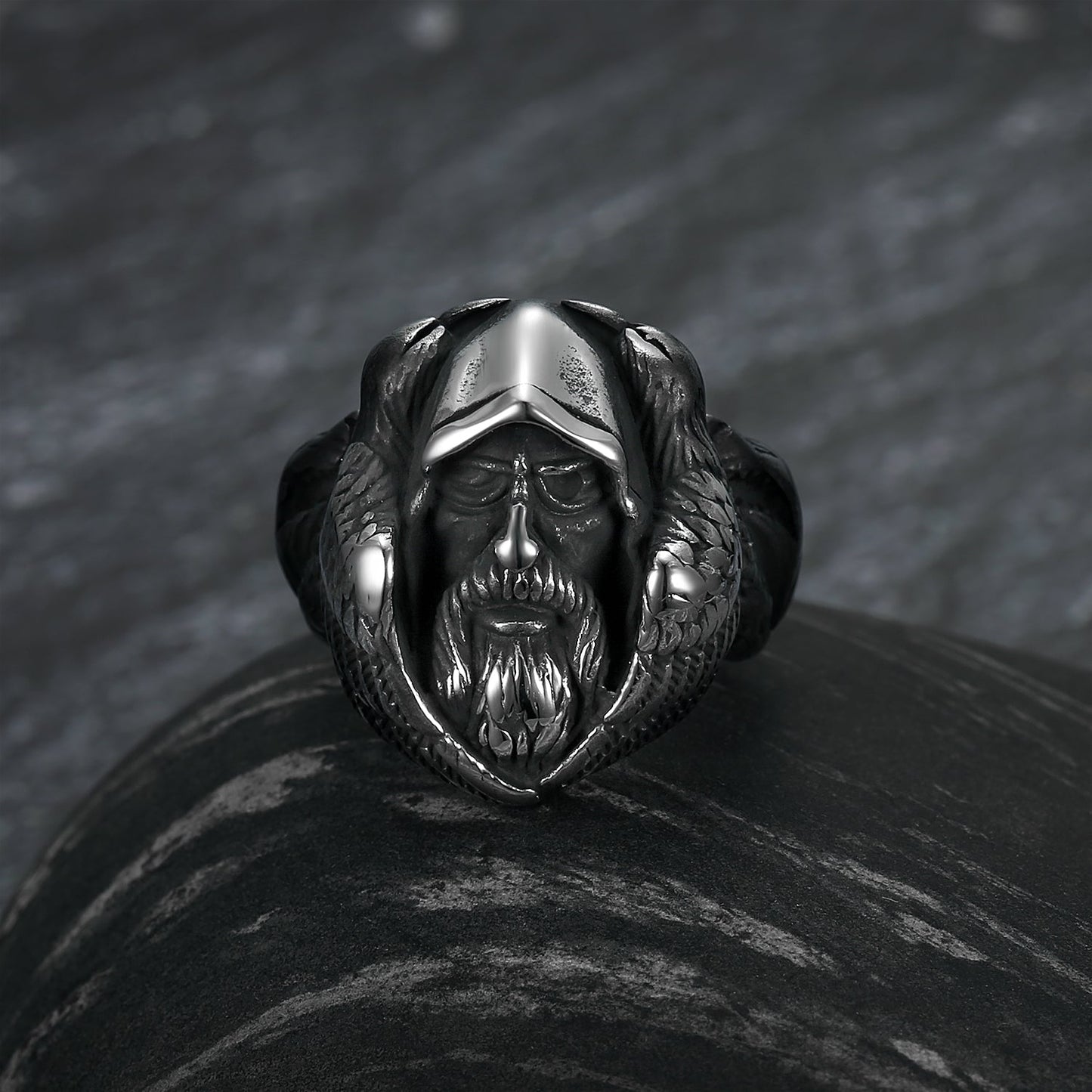 Nordic Pride Handcrafted Stainless Steel Nordic Odin Ring With Raven and Grey Wolf