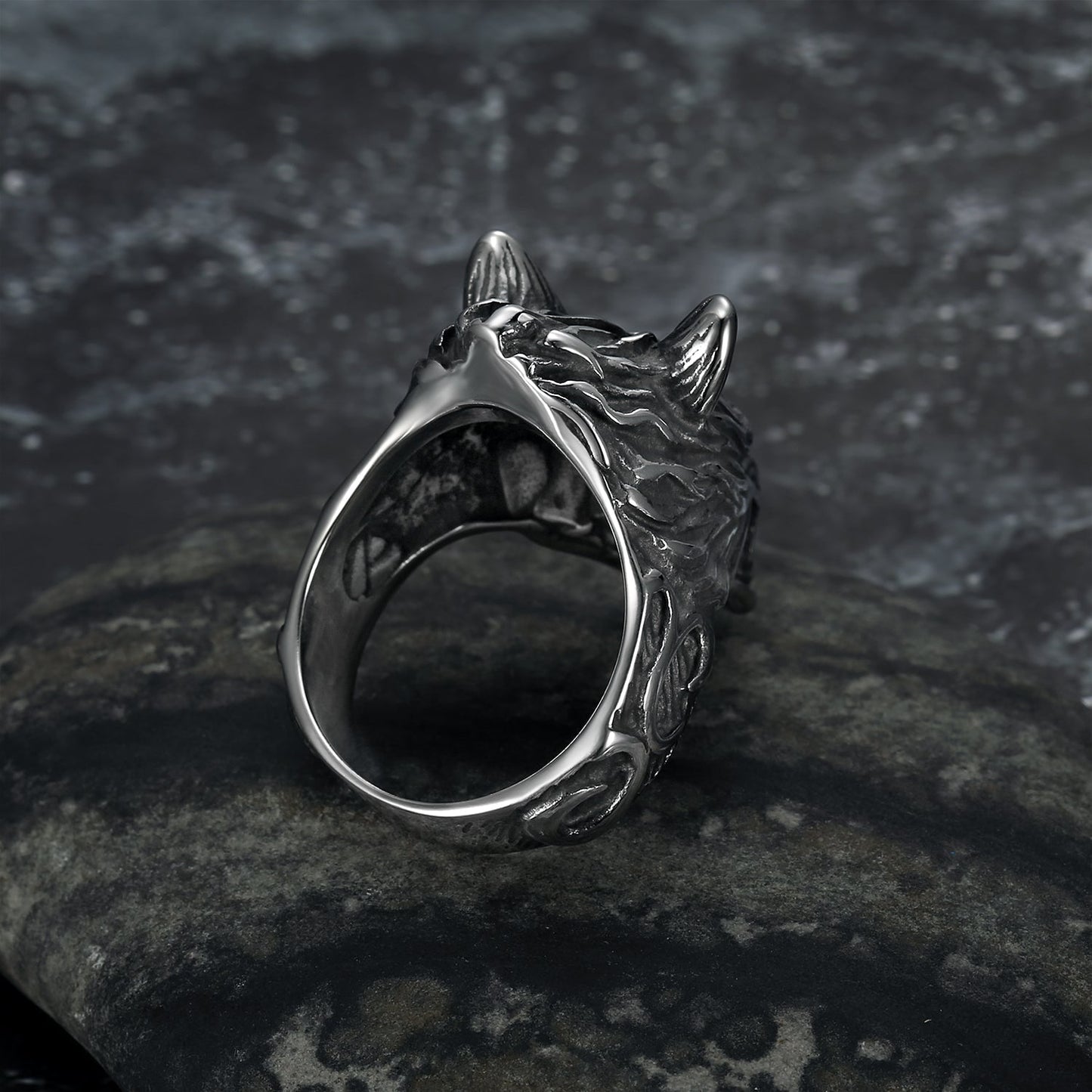 Nordic Pride Handcrafted Stainless Steel Grey Wolf Head Biker Ring
