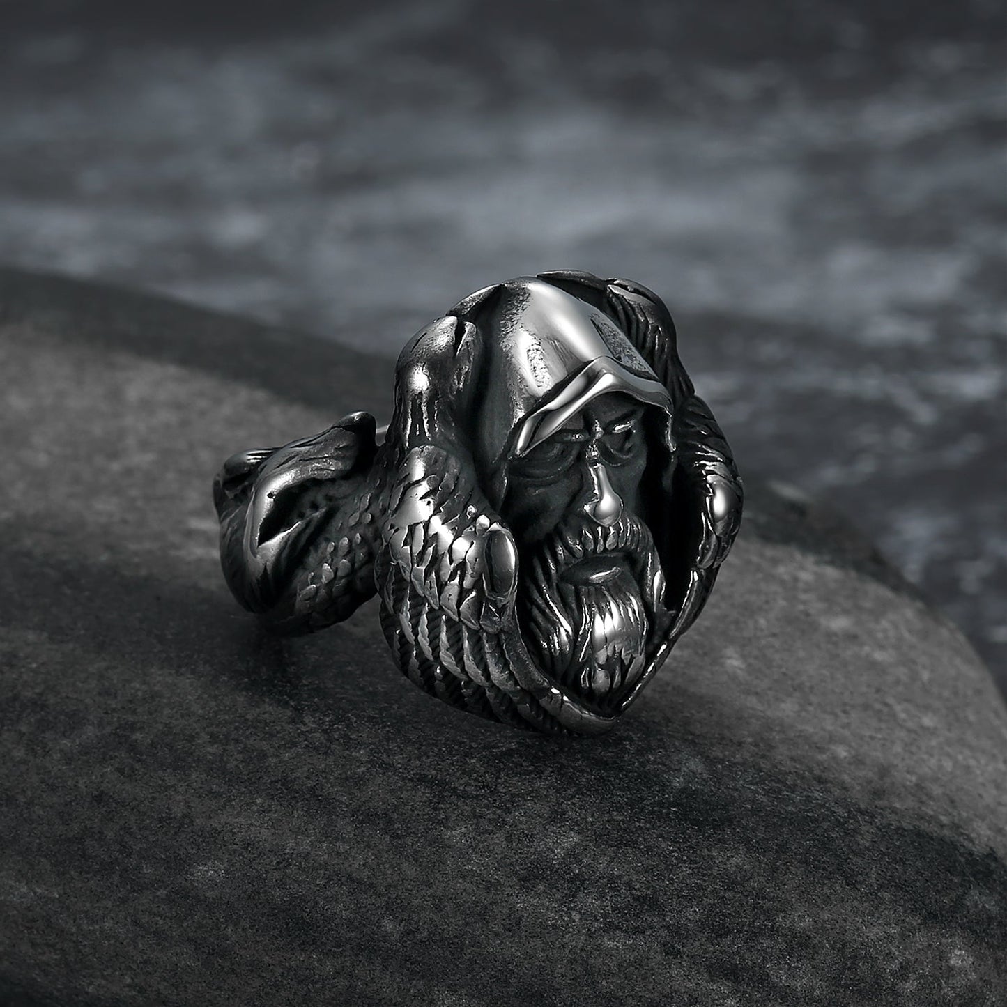 Nordic Pride Handcrafted Stainless Steel Nordic Odin Ring With Raven and Grey Wolf