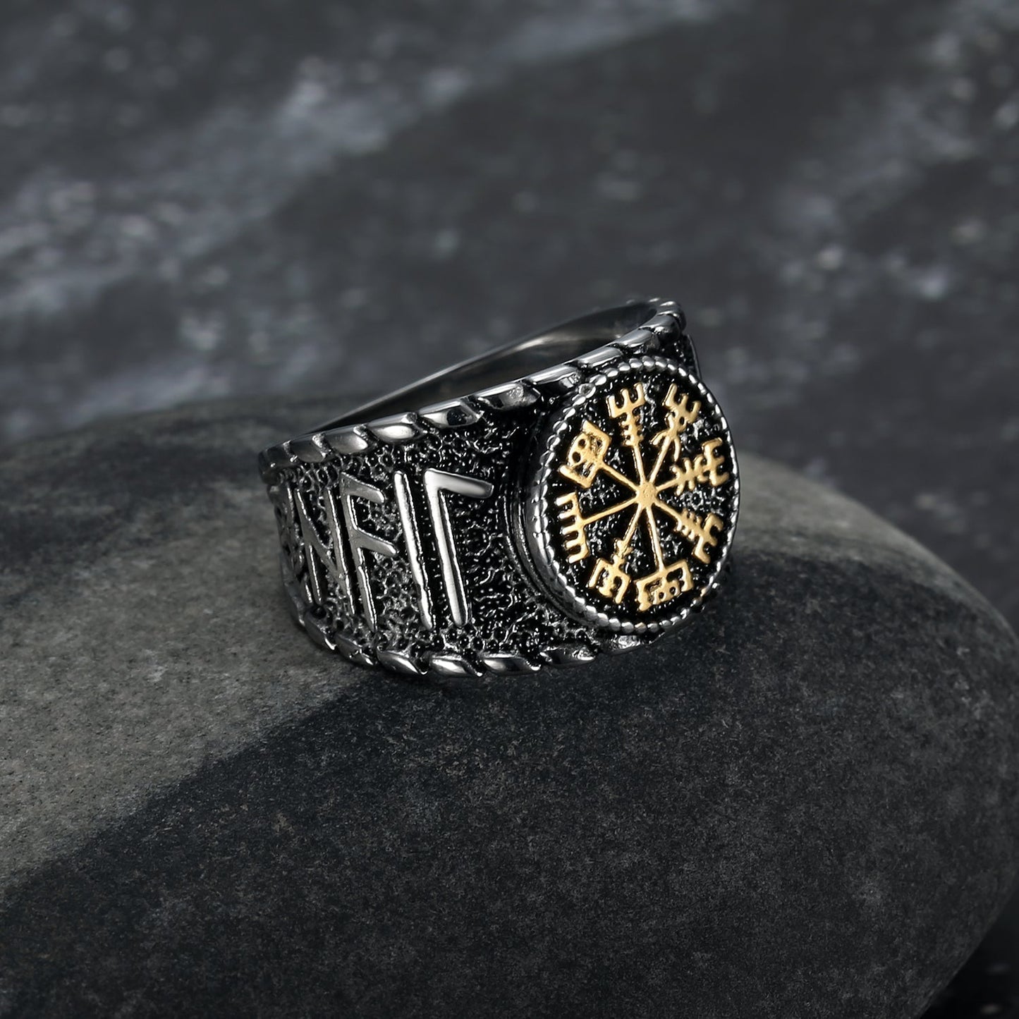 Nordic Pride Handcrafted Stainless Steel Icelandic Stave and Runes Ring