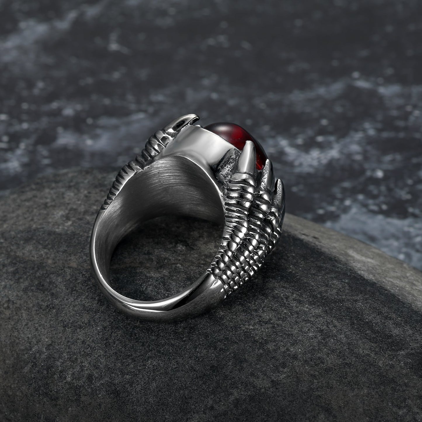 Nordic Pride Handcrafted Stainless Steel Basilisk Claw Biker Ring With Inset Stone