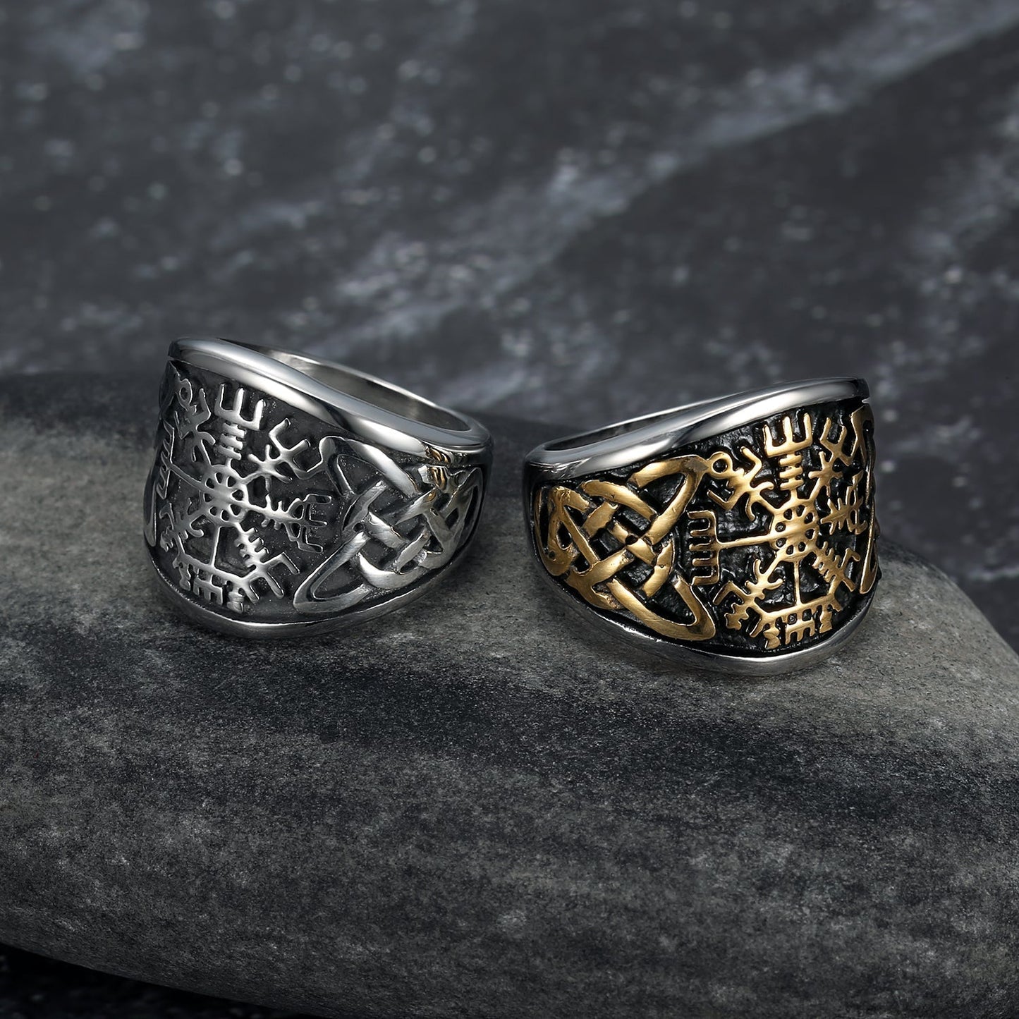 Nordic Pride Handcrafted Stainless Steel Icelandic Stave and Celtic Knot Ring