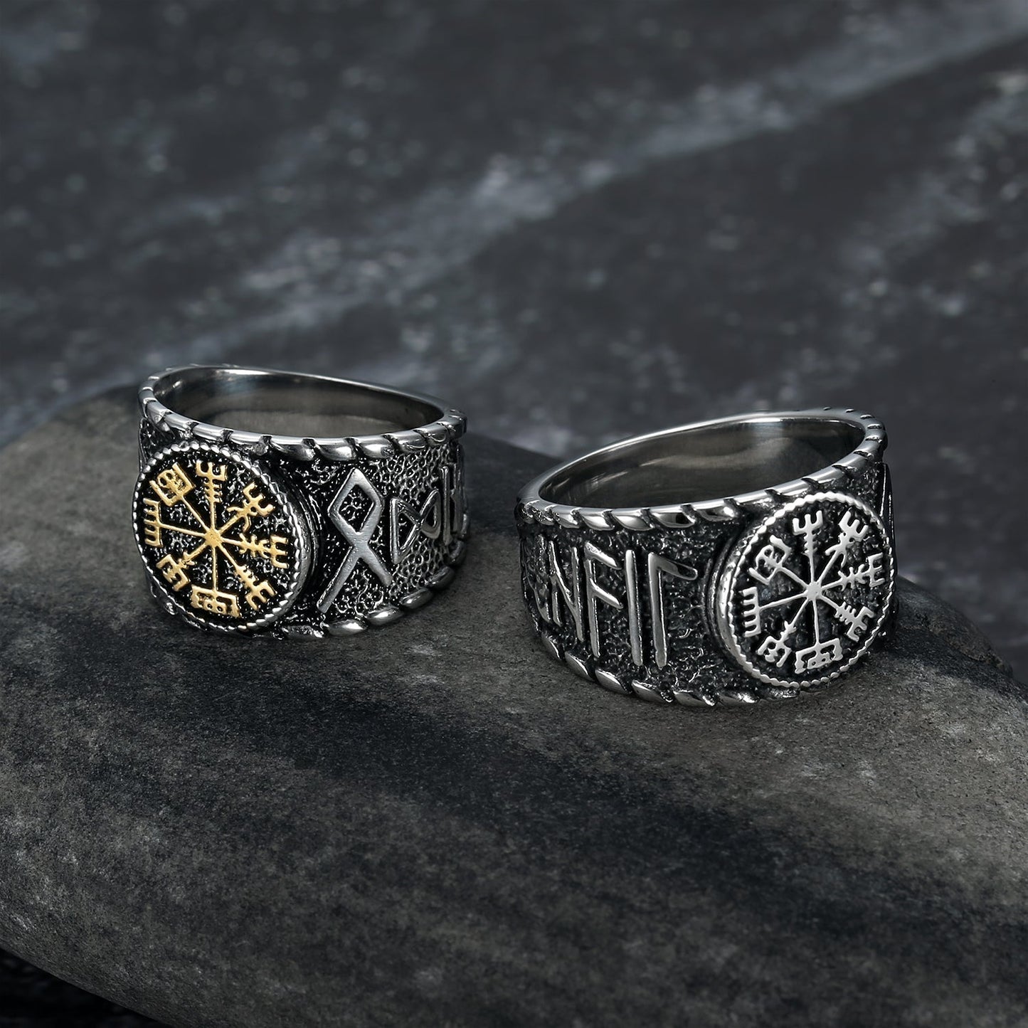 Nordic Pride Handcrafted Stainless Steel Icelandic Stave and Runes Ring