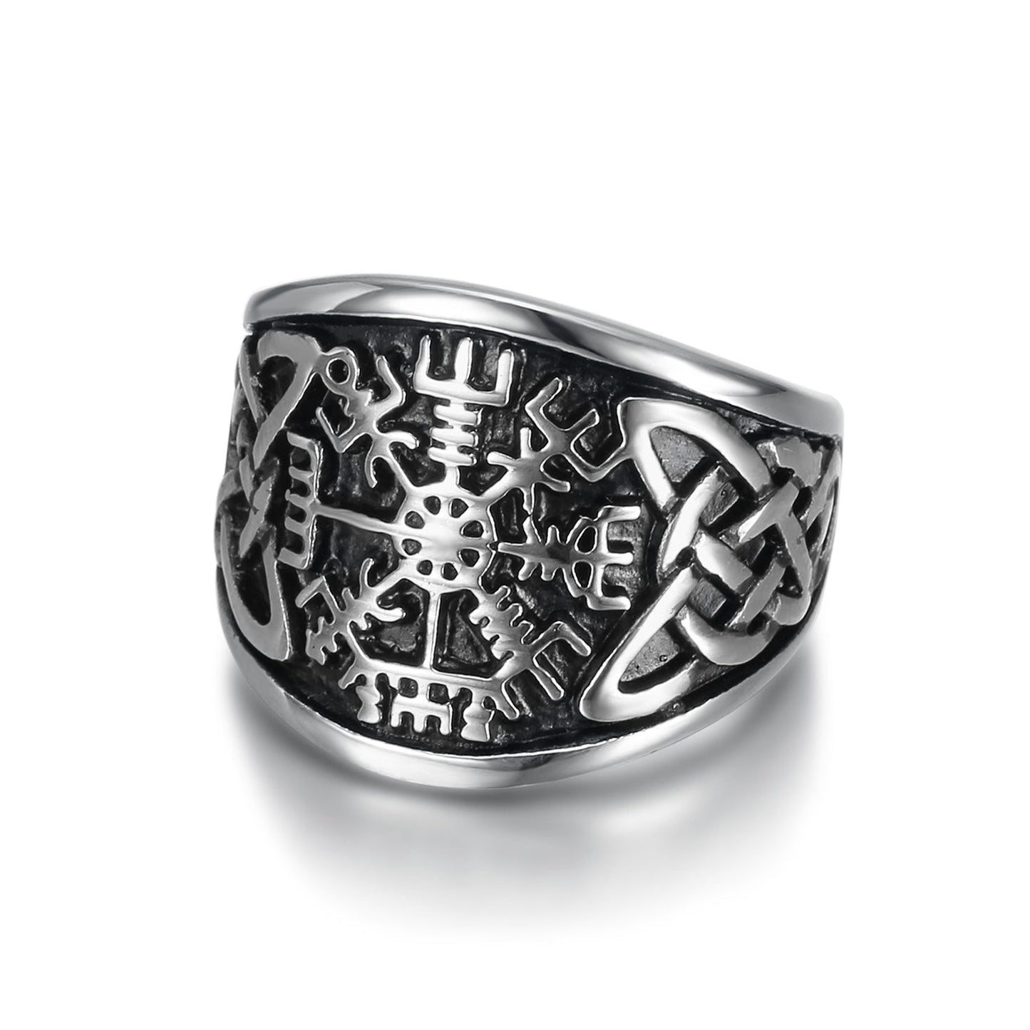 Nordic Pride Handcrafted Stainless Steel Icelandic Stave and Celtic Knot Ring