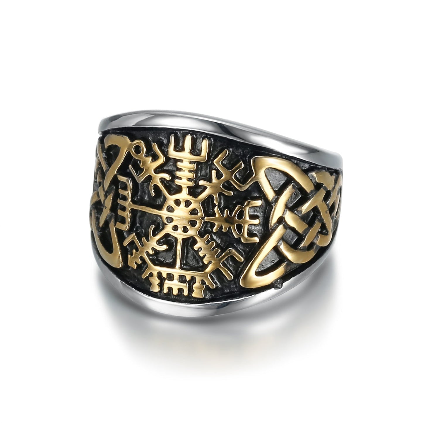 Nordic Pride Handcrafted Stainless Steel Icelandic Stave and Celtic Knot Ring