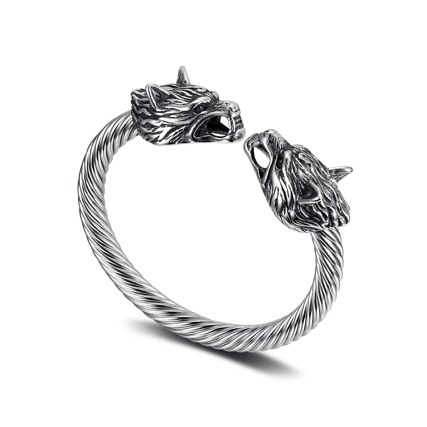 Nordic Pride Handcrafted Stainless Steel Large Grey Wolf Head Torc Bracelet