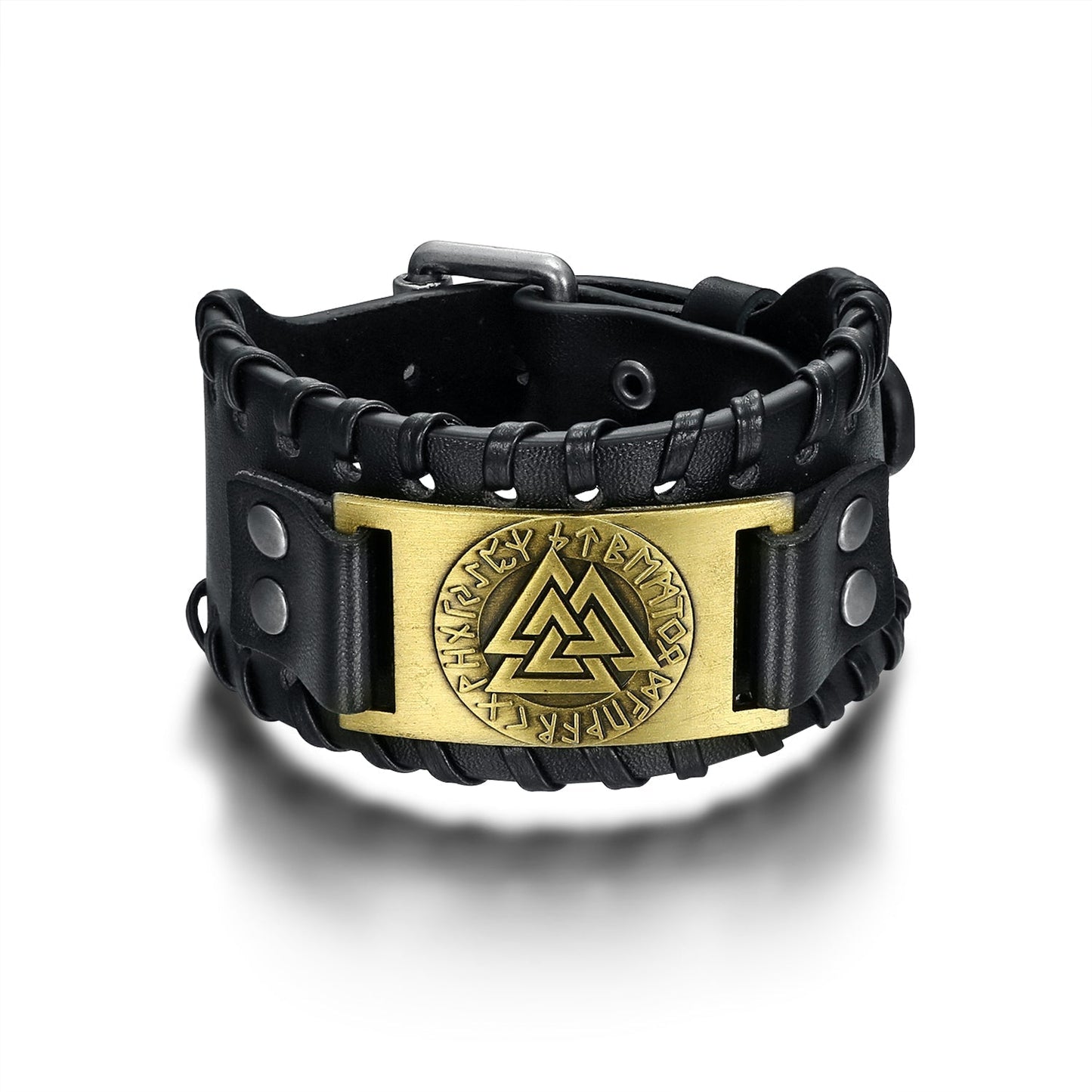 Nordic Pride Leather Buckle Arm Cuff With Metal Valknut Symbol Design