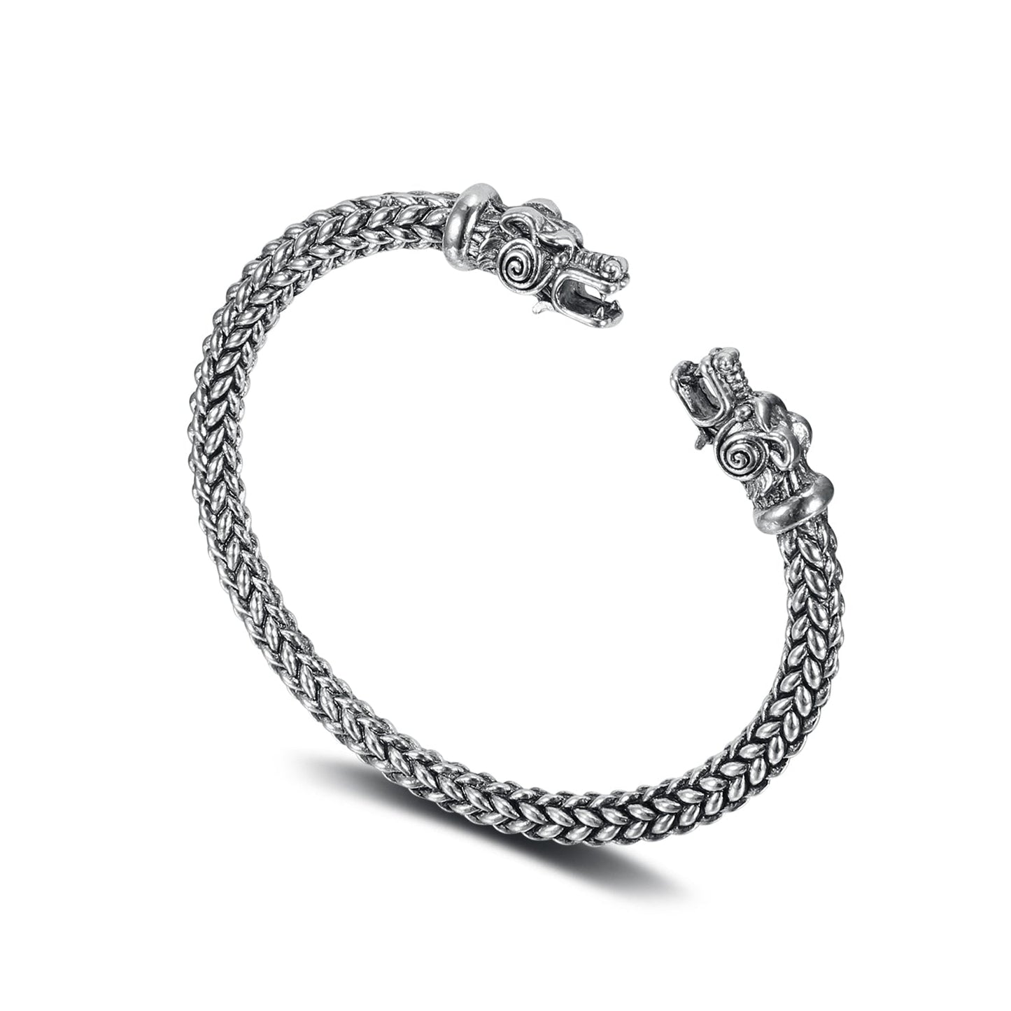 Nordic Pride Small Handcrafted Stainless Steel Grey Wolf Head Torc Bracelet
