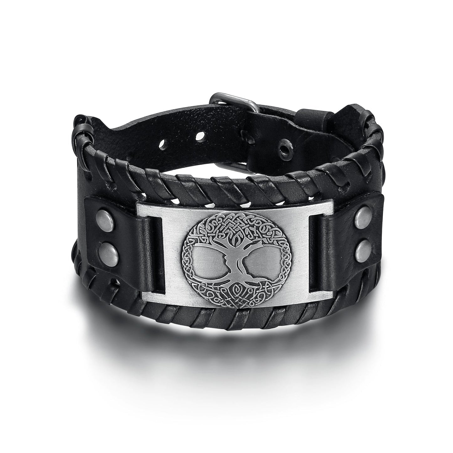 Nordic Pride Leather Buckle Arm Cuff With Metal Celtic Tree of Life Design