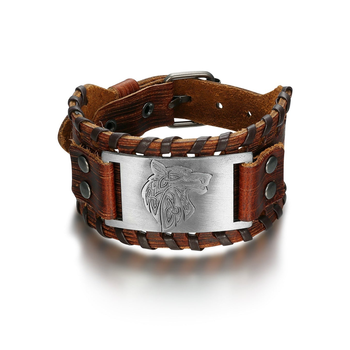 Nordic Pride Leather Buckle Arm Cuff With Fenrir Design