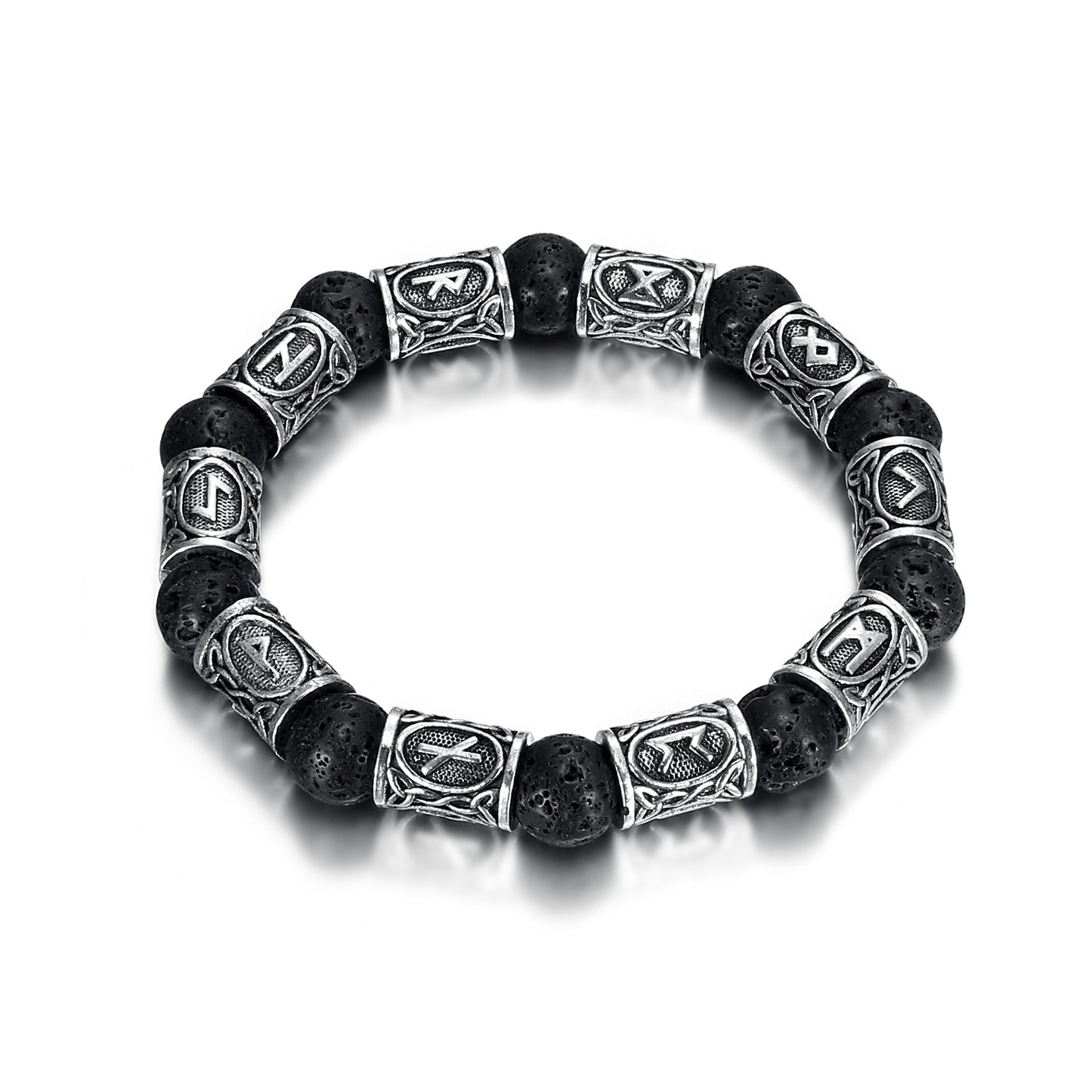 Nordic Pride Silver Rune and Black Lava Stone Bracelet