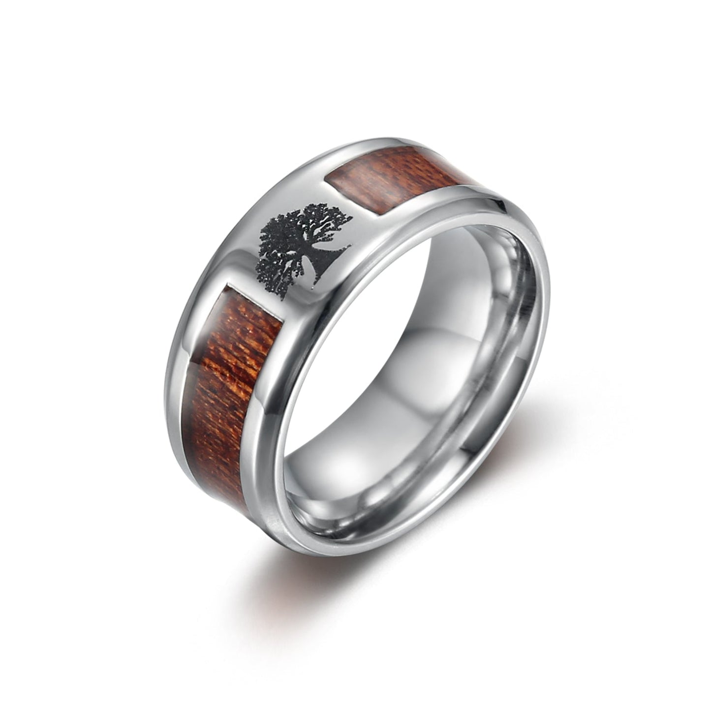 Nordic Pride Handcrafted Stainless Steel Celtic Tree of Life and Wood Inset Wedding Ring