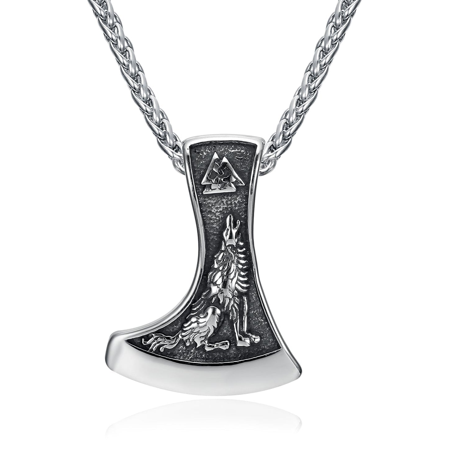 Nordic Pride Handcrafted Stainless Steel Valknut Symbol with Raven & Grey Wolf Pendant & Chain