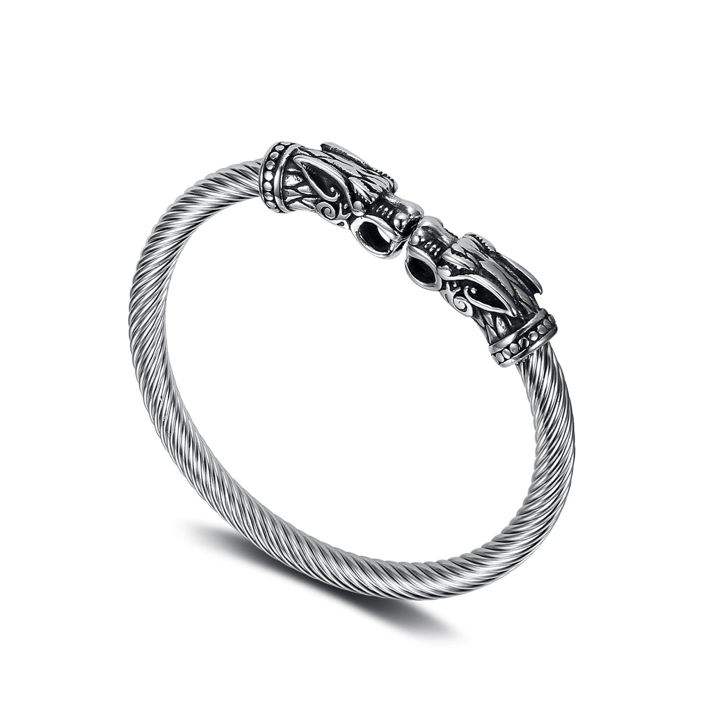 Nordic Pride Handcrafted Stainless Steel Grey Wolf Head Torc Bracelet
