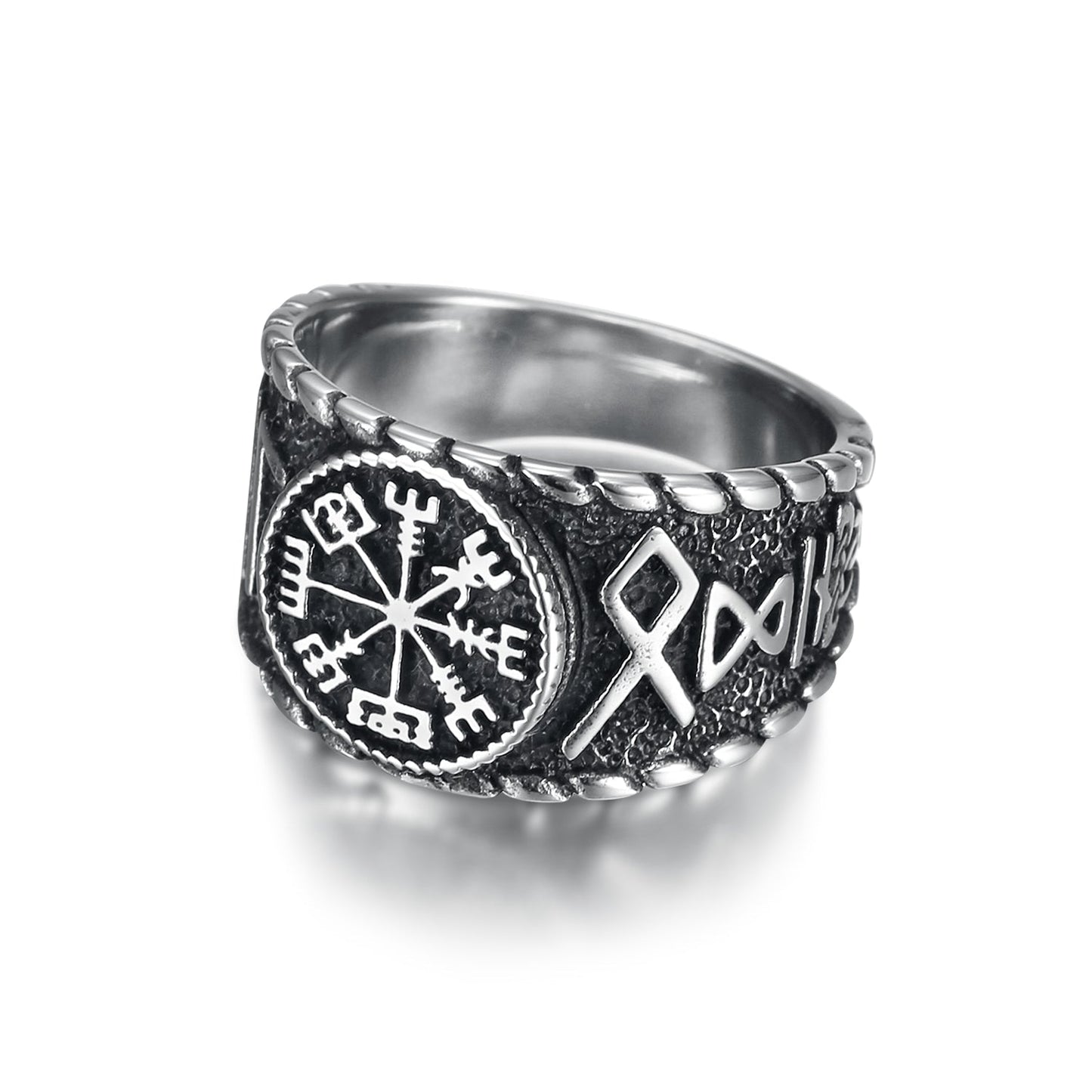 Nordic Pride Handcrafted Stainless Steel Icelandic Stave and Runes Ring