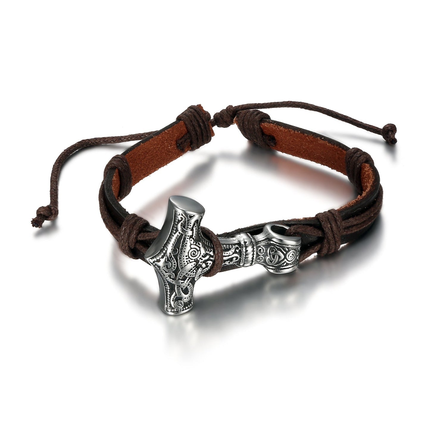 Nordic Pride Adjustable Leather Wristband With Handcrafted Stainless Steel Mjolnir