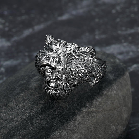 Nordic Pride Handcrafted Stainless Steel Odin and Grey Wolf  Ring