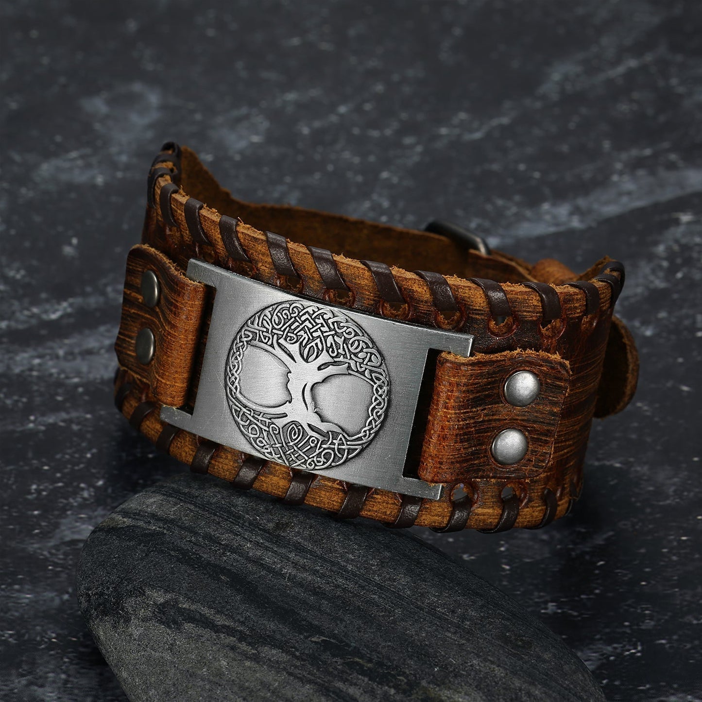 Nordic Pride Leather Buckle Arm Cuff With Metal Celtic Tree of Life Design