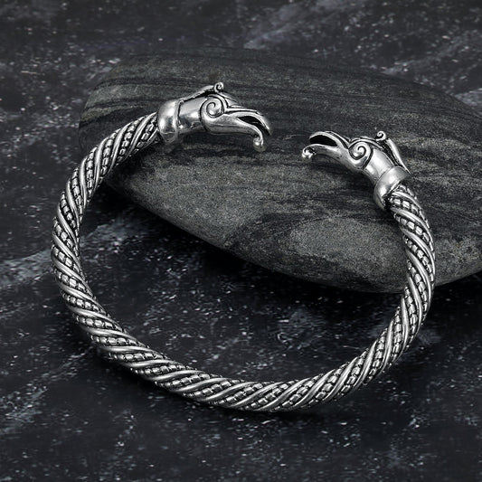 Nordic Pride Handcrafted Stainless Steel Basilisk Head Torc Bracelet