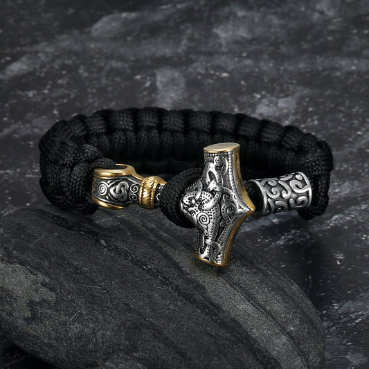 Nordic Pride Handcrafted Stainless Steel Paracord and Mjolnir Bracelet