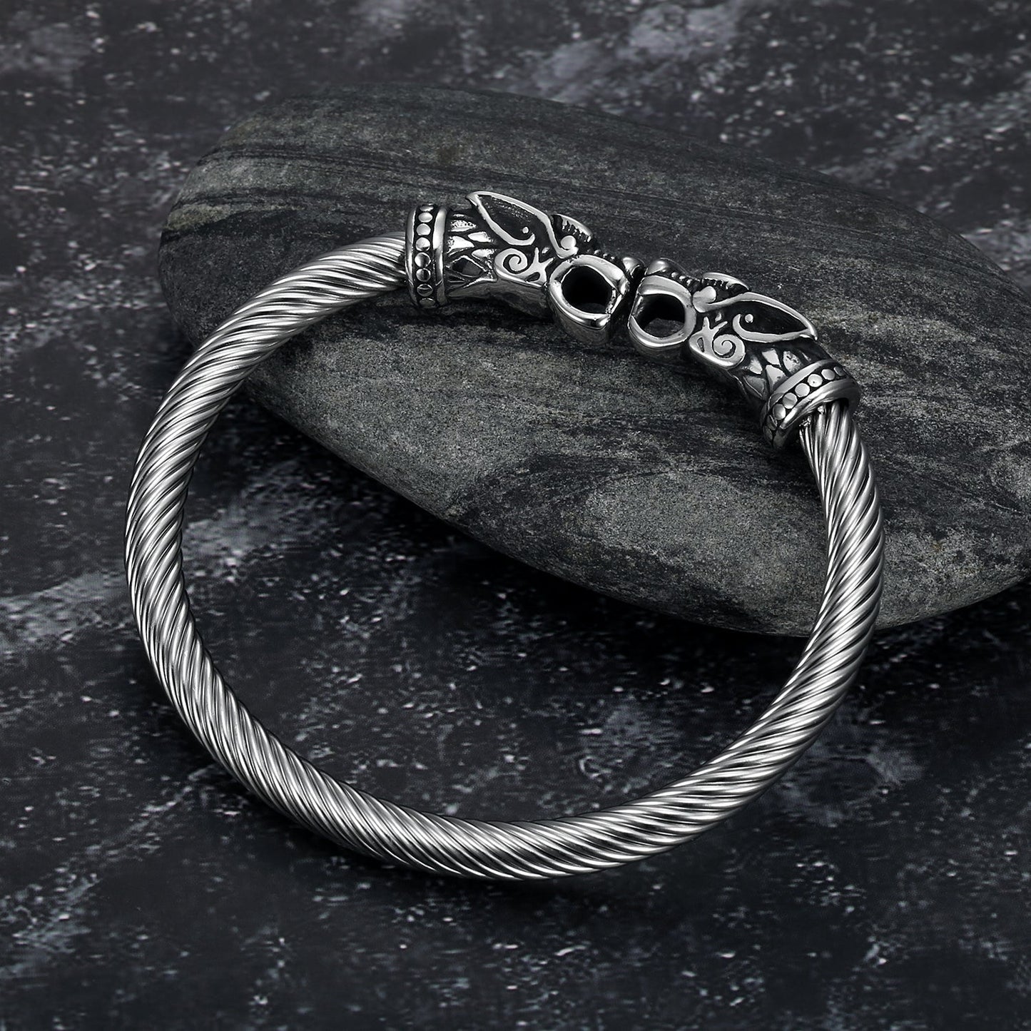 Nordic Pride Handcrafted Stainless Steel Grey Wolf  Head Torc Bracelet
