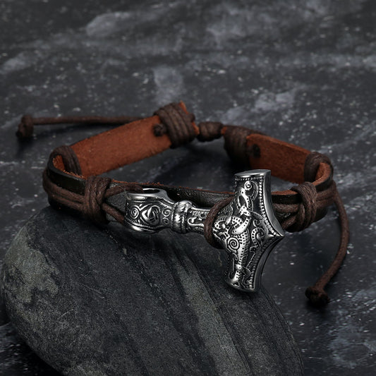 Nordic Pride Adjustable Leather Wristband With Handcrafted Stainless Steel Mjolnir