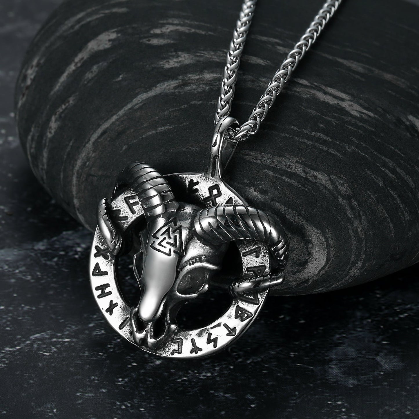 Nordic Pride Handcrafted Stainless Steel Goat Head Pendant & Chain with Valknut Symbol and Runes