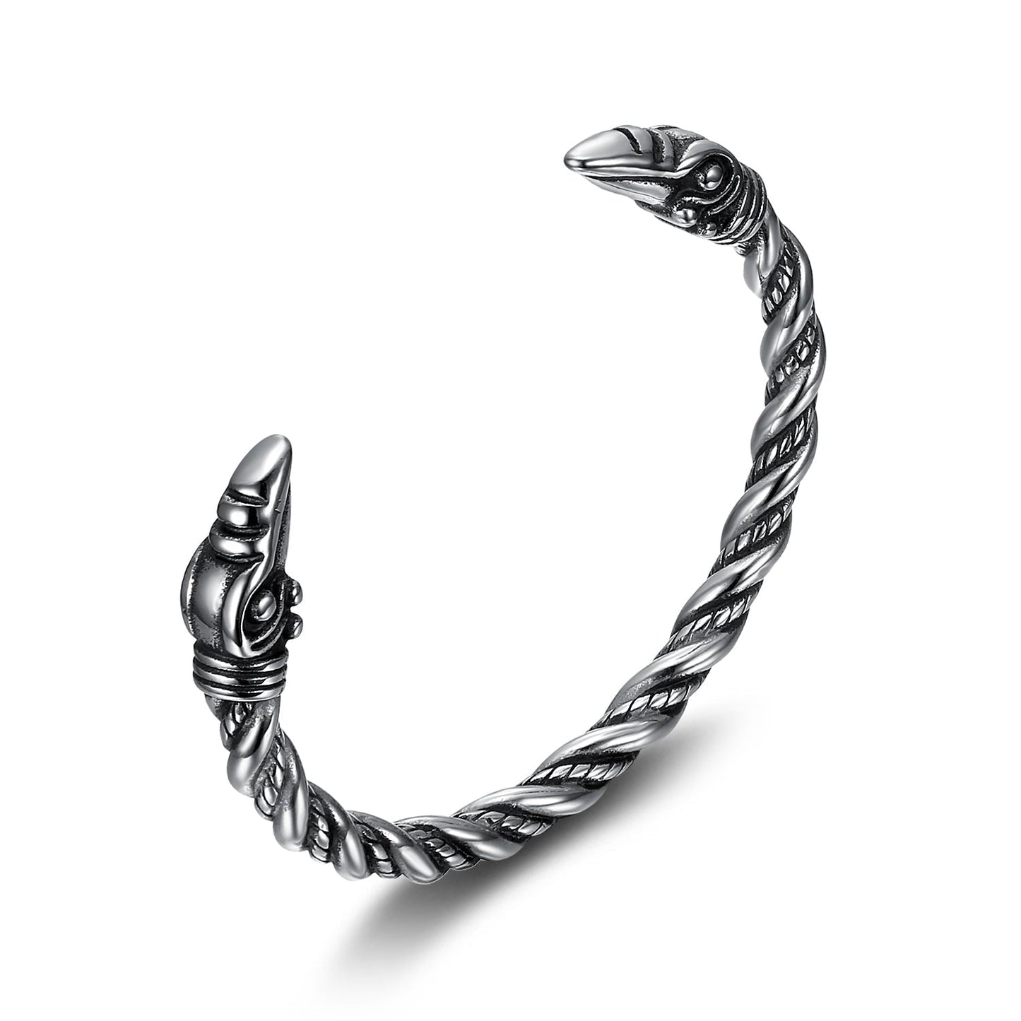 Nordic Pride Handcrafted Stainless Steel Beaded Spiral Raven Head Torc Bracelet