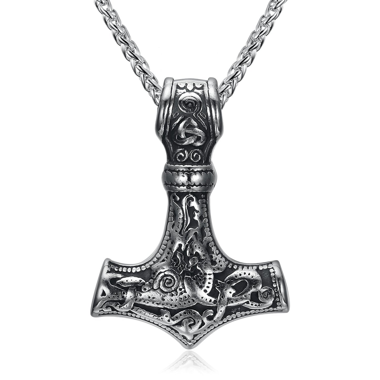 Nordic Pride Handcrafted Stainless Steel 'Knotwork' Mjolnir on Handcrafted Stainless Steel Link Chain