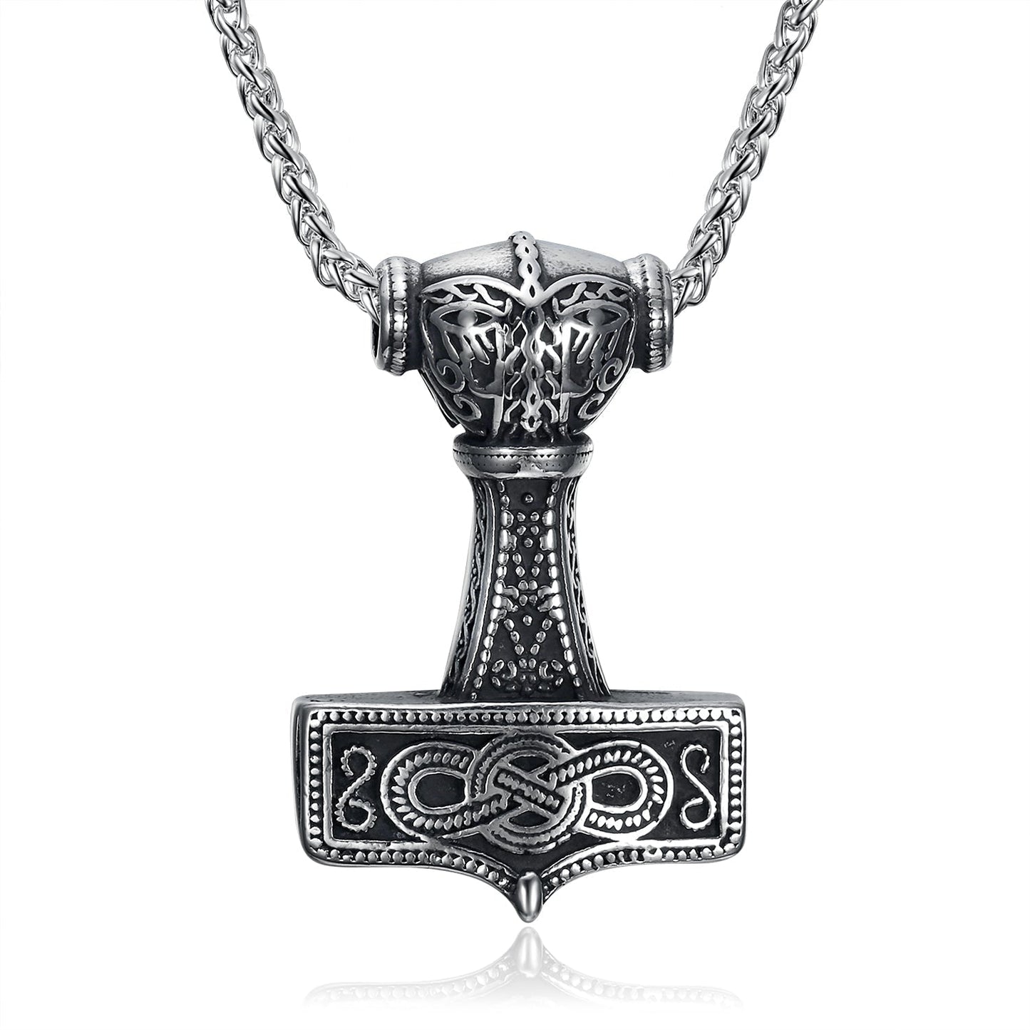 Nordic Pride Handcrafted Stainless Steel Chunky Mjolnir Pendant & Chain With Celtic Scrolls