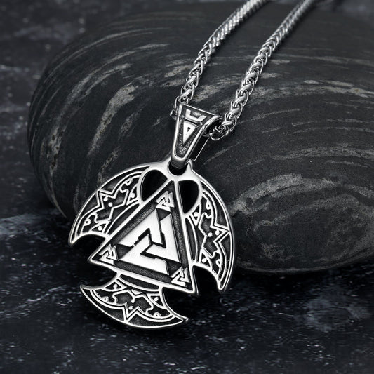 Nordic Pride Circular Handcrafted Stainless Steel Valknut Symbol Axe Head Pendant