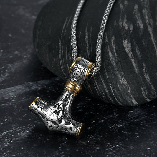 Nordic Pride Handcrafted Stainless Steel Gold & Silver Mammen-Style Thor's Gavel Pendant