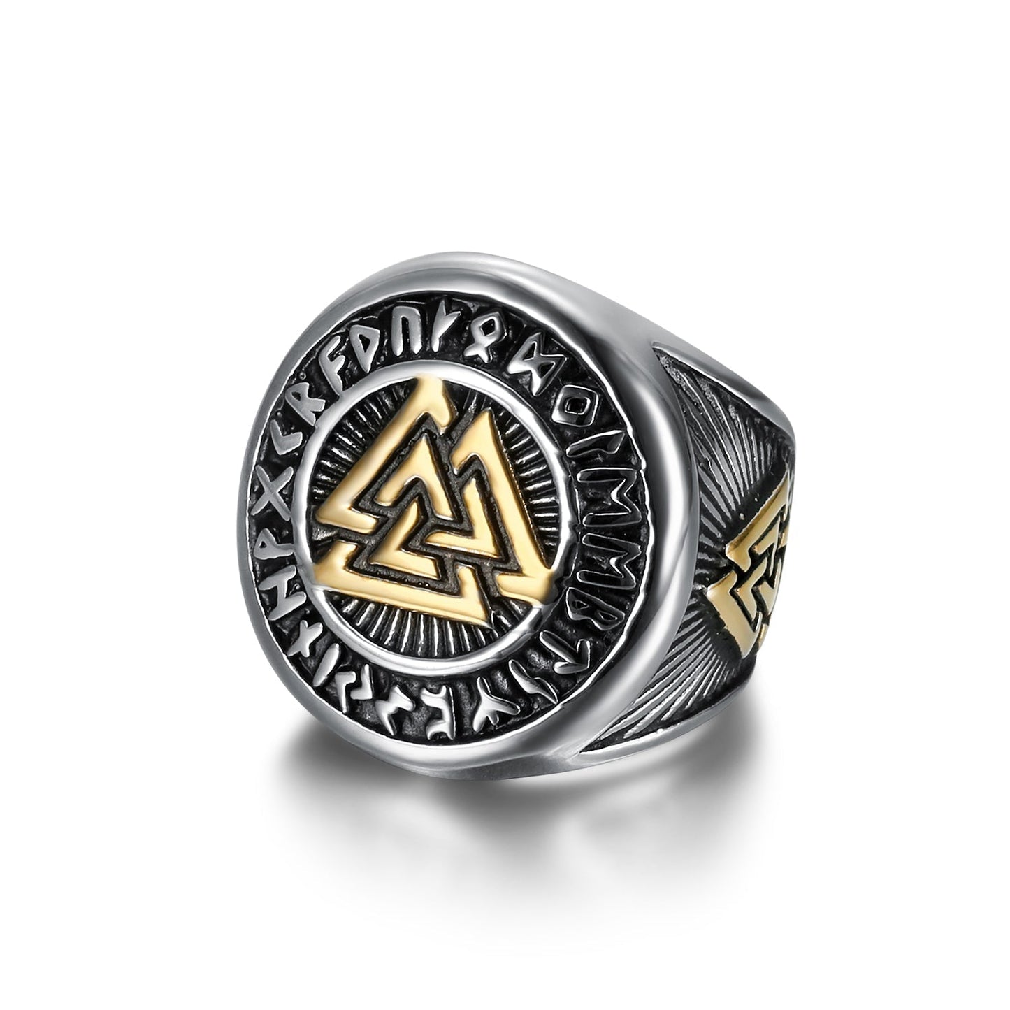 Nordic Pride Handcrafted Stainless Steel Gold & Silver Valknut Symbol and Runes Ring