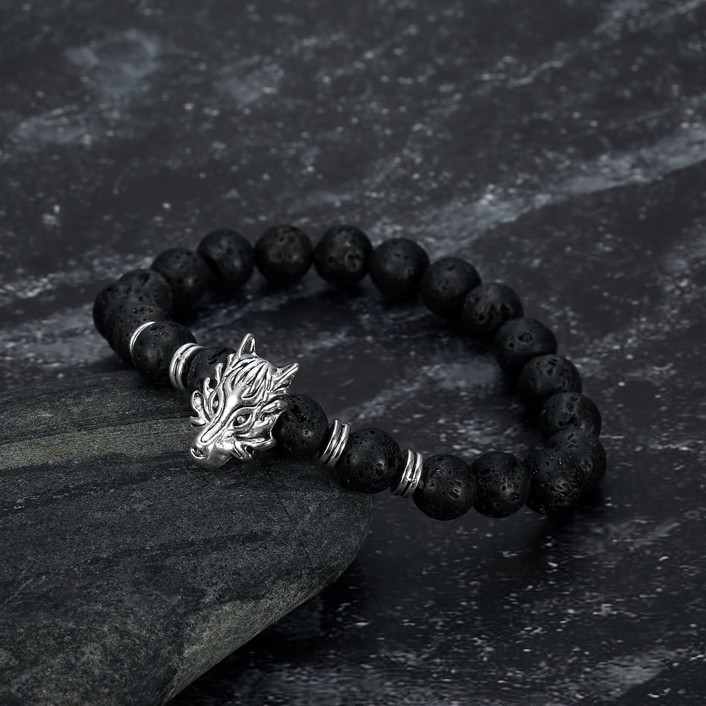 Nordic Pride Grey Wolf  Head and Lava Stone Bracelet