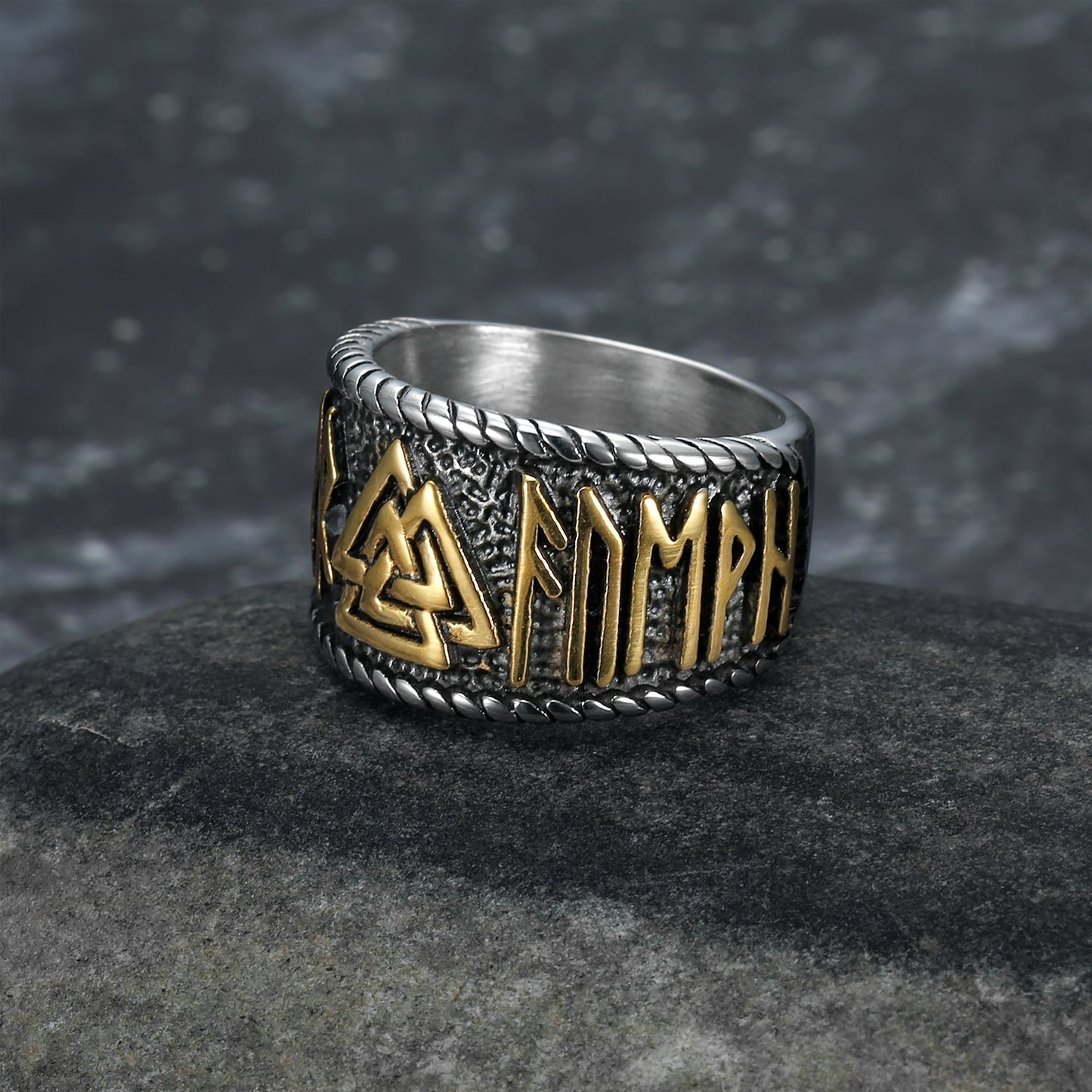 Nordic Pride Handcrafted Stainless Steel Valknut Symbol and Rune Ring