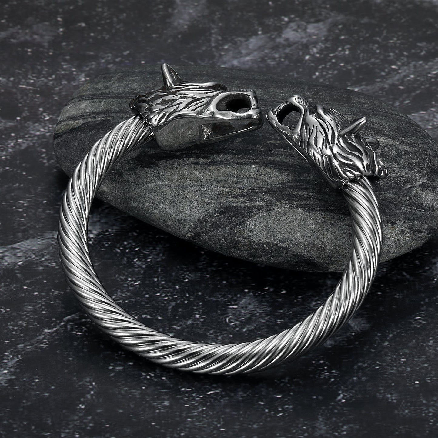 Nordic Pride Handcrafted Stainless Steel Large Grey Wolf  Head Torc Bracelet