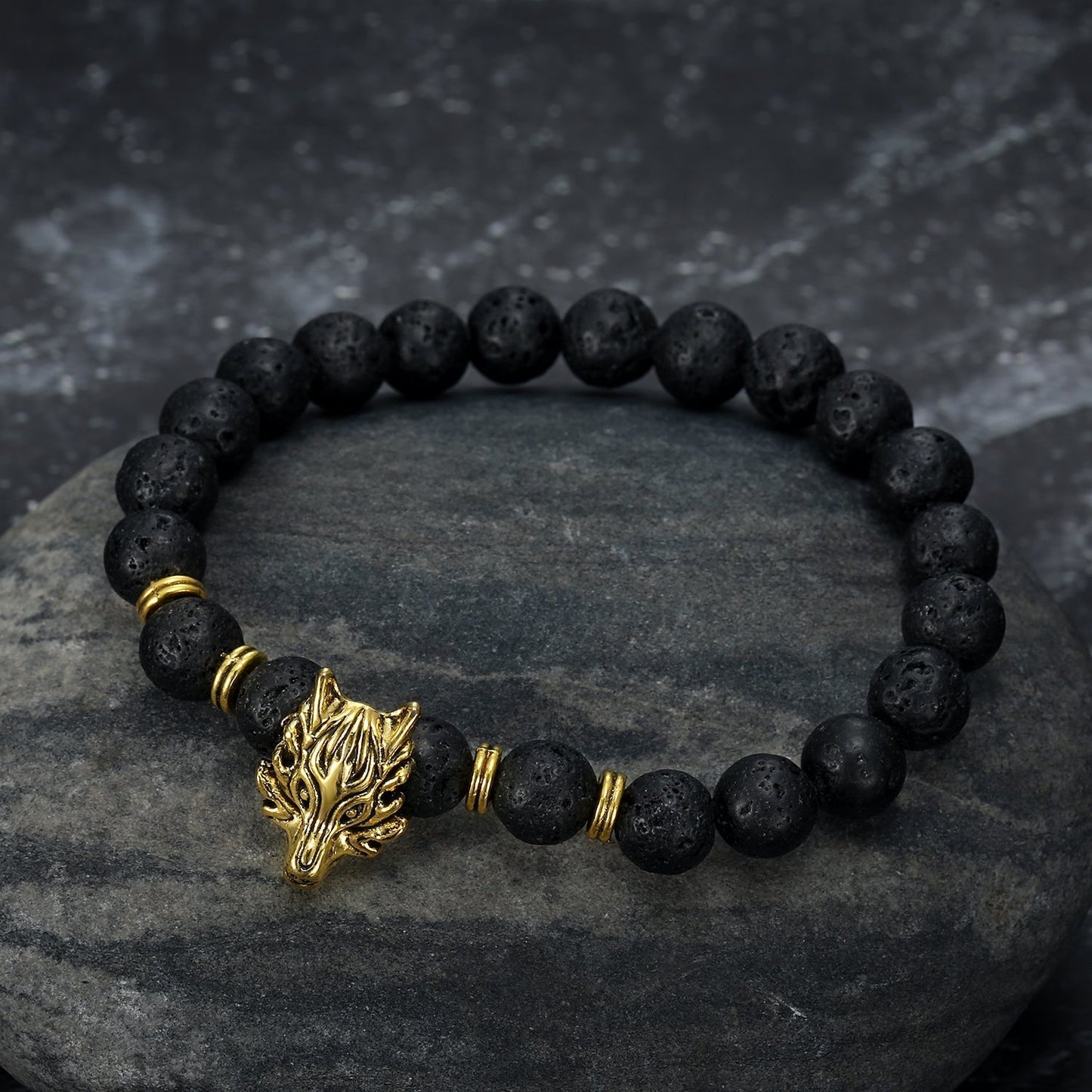 Nordic Pride Grey Wolf  Head and Lava Stone Bracelet